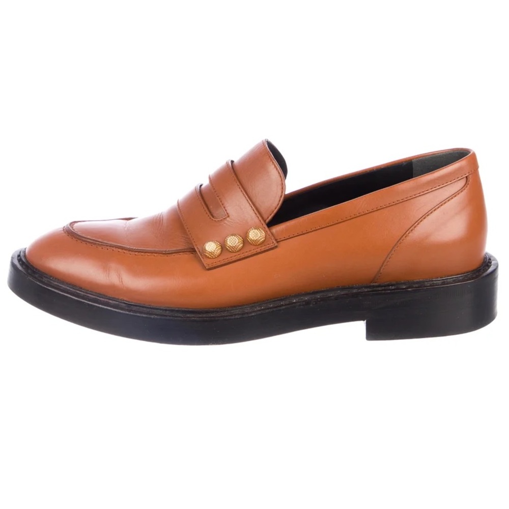 Warm brown Balenciaga gold studded leather loafers